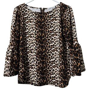 Green Envelope Women Size Medium Leopard Animal Print Zipper Blouse Bell Sleeves